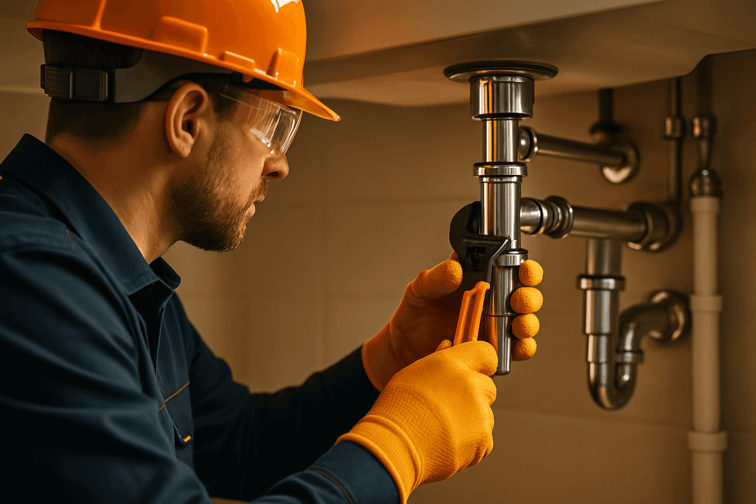Plumber in PPE adjusting plumbing fixtures under sink in clean workspace